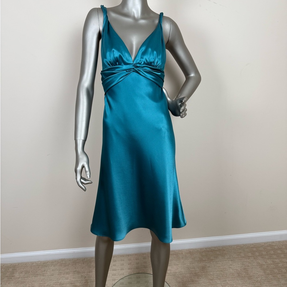 ABS by Allen Swartz Turquoise Satin Sleeveless V-neck Party Dress Twist Strap 4